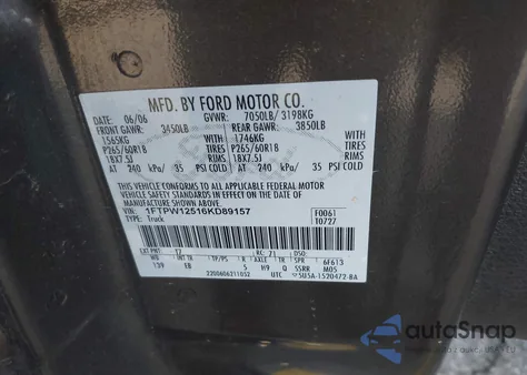 2006 Ford F-150 Lariat/Xlt из США, поврежденный, VIN 1FTPW12516KD89157